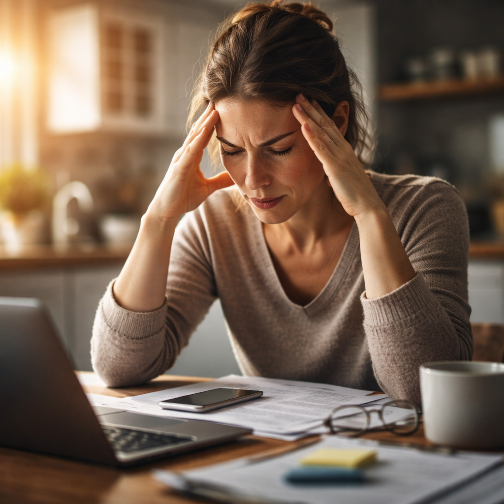 scène réaliste quotidienne (bureau, cuisine, voiture à l’arrêt), personne en surcharge mais encore “présente” (main sur la nuque ou respiration visible), lumière naturelle, pas de caricature.