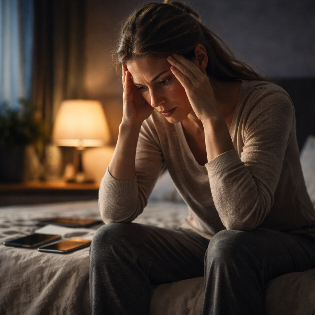 personne assise sur un lit dans une chambre sombre, regard fixe, téléphone à côté, lumière douce, ambiance “pensées qui tournent”, sans dramatisation.