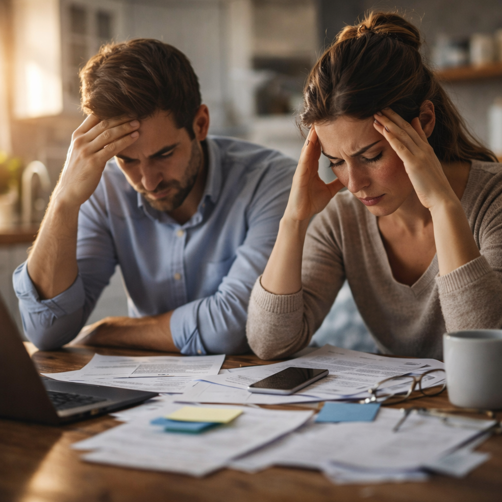 Stress “fonctionnel” vs stress “toxique” : comment faire la différence en situation réelle (travail, famille, crise) scène réaliste “quotidien sous pression” (bureau ou cuisine), personne concentrée mais tendue, post-it/ordinateur/téléphone, lumière naturelle, pas caricatural.