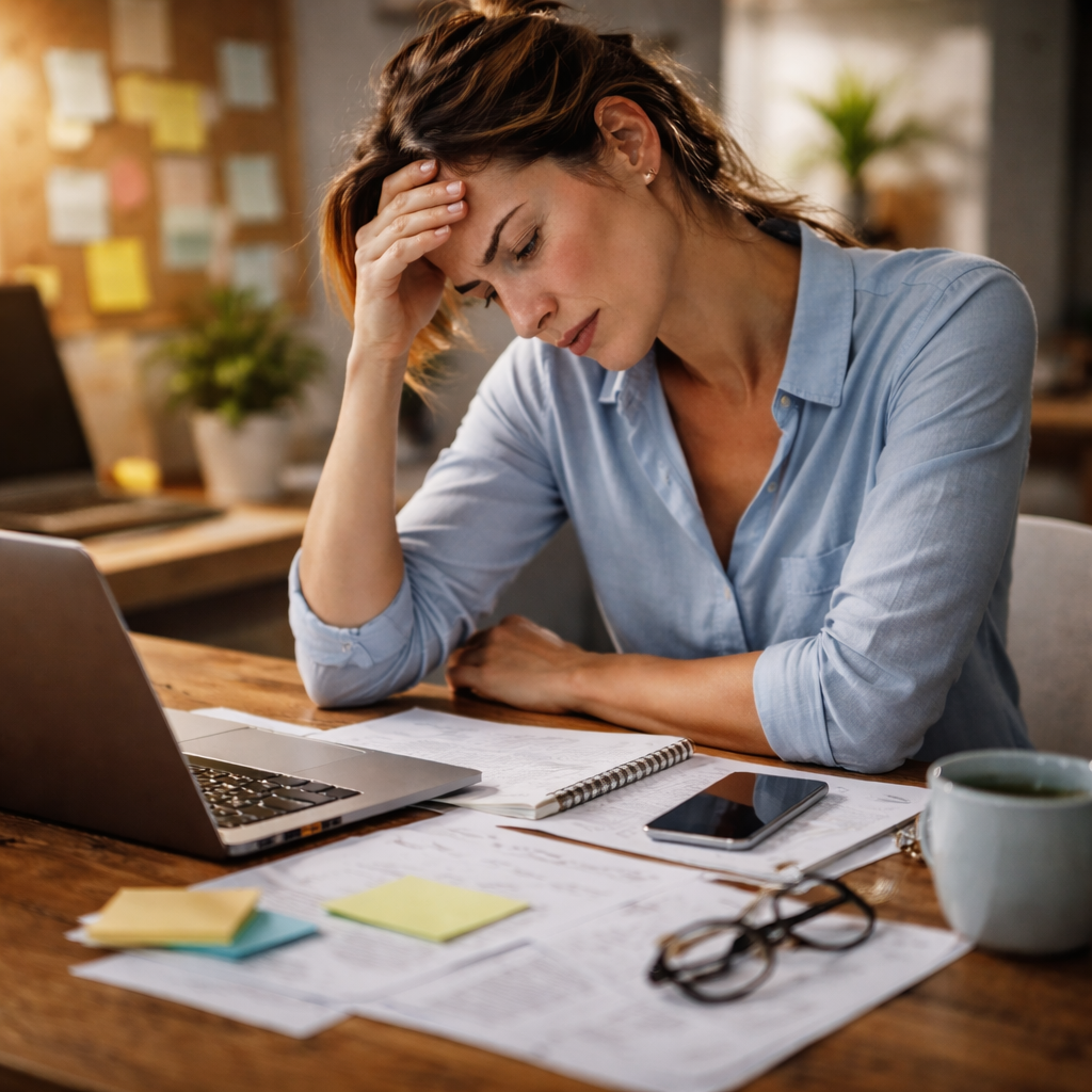 personne assise à une table, ordinateur ouvert, liste de tâches, expression de saturation (main sur le front ou regard fixe), lumière naturelle, ambiance réaliste “trop de décisions”.