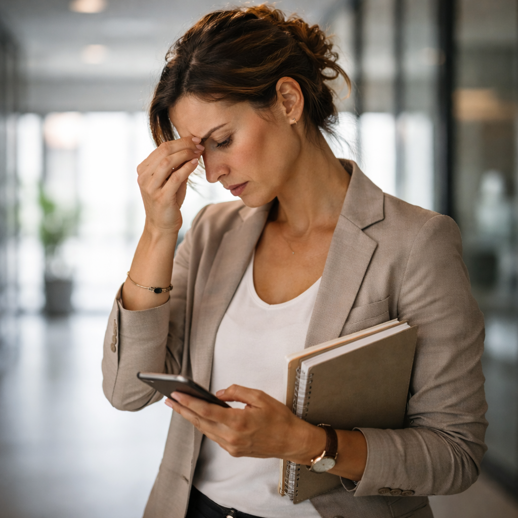 scène réaliste de décision sous pression (couloir de bureau, voiture à l’arrêt, cuisine familiale), personne debout/assise, regard concentré, téléphone en main, posture de maîtrise (pas effondrée), lumière naturelle.