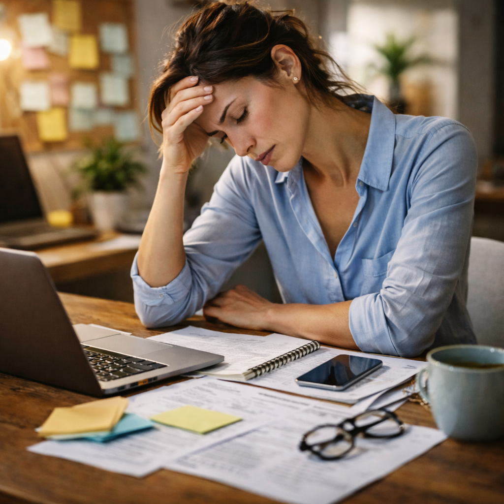 Scène réaliste : personne en intérieur (bureau/cuisine/voiture à l’arrêt), regard concentré, téléphone en main, posture de décision, lumière naturelle, ambiance “pression” sans dramatisation.