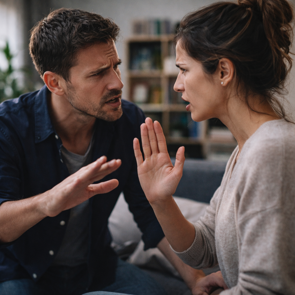 Scène réaliste : deux personnes en discussion tendue mais contrôlée (posture ouverte, distance respectée), ambiance bureau/cuisine, lumière naturelle, émotion visible mais pas dramatique.