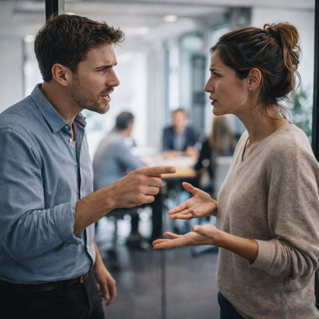 Scène réaliste de bureau : deux collègues debout à côté d’une salle de réunion, discussion tendue mais contrôlée, posture ouverte, distance respectée, lumière naturelle, pas de dramatisation.