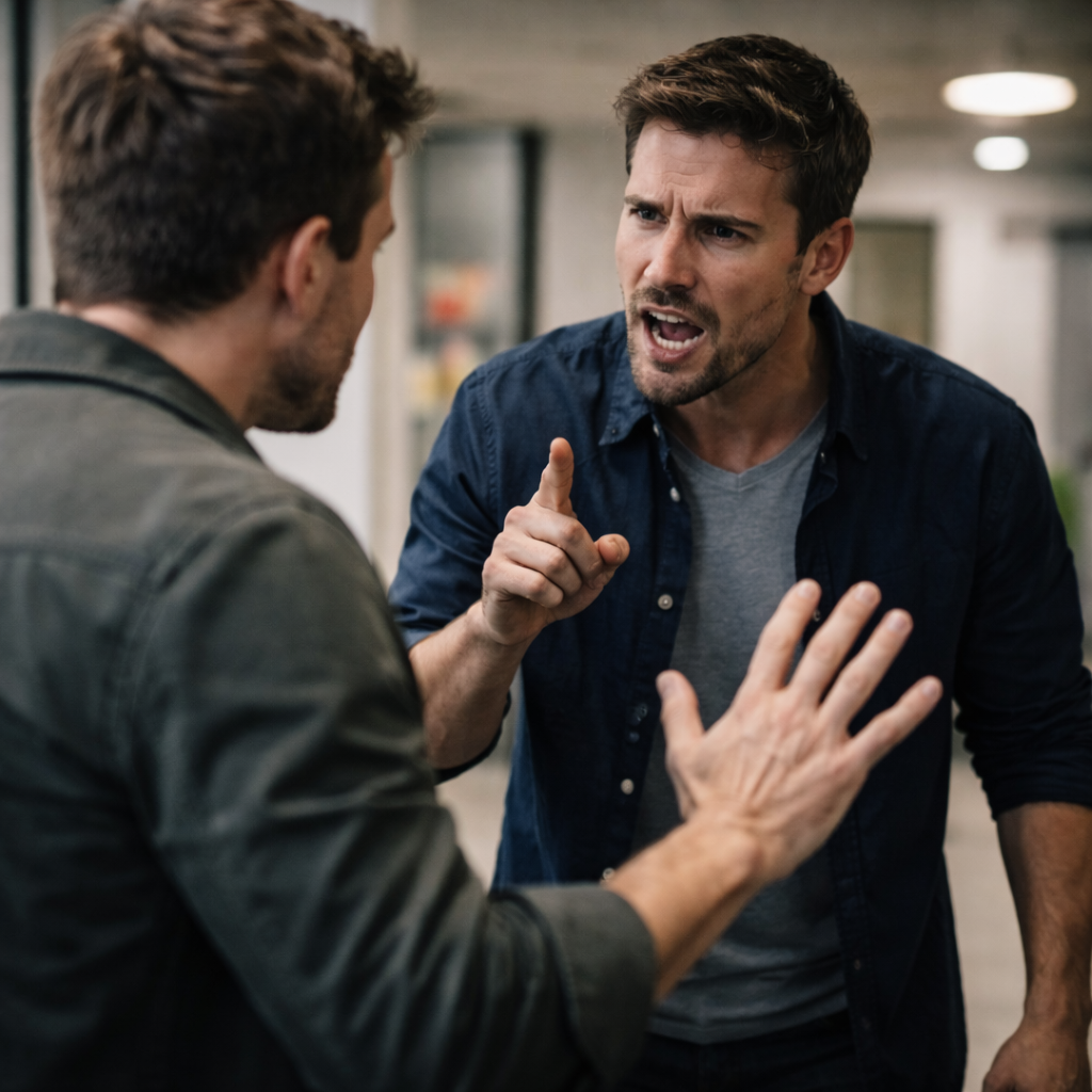 Scène réaliste : un couloir / hall / espace public. Une personne au premier plan, posture de côté, mains visibles, distance nette. Au second plan, une silhouette plus agitée, légèrement floue. Lumière naturelle, ambiance crédible, pas dramatique.