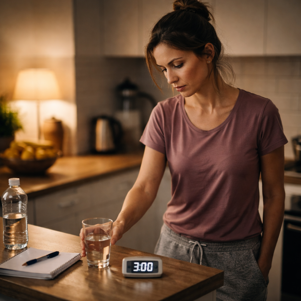 Reprendre après une chute : protocole de relance sur 7 jours (sans motivation, sans culpabilité) Scène réaliste : personne fatiguée en fin de journée dans une cuisine ou un salon, lumière chaude, posture un peu lourde mais déterminée, minuteur ou petite checklist visible (sans texte lisible), ambiance “mauvais jour mais je tiens”.