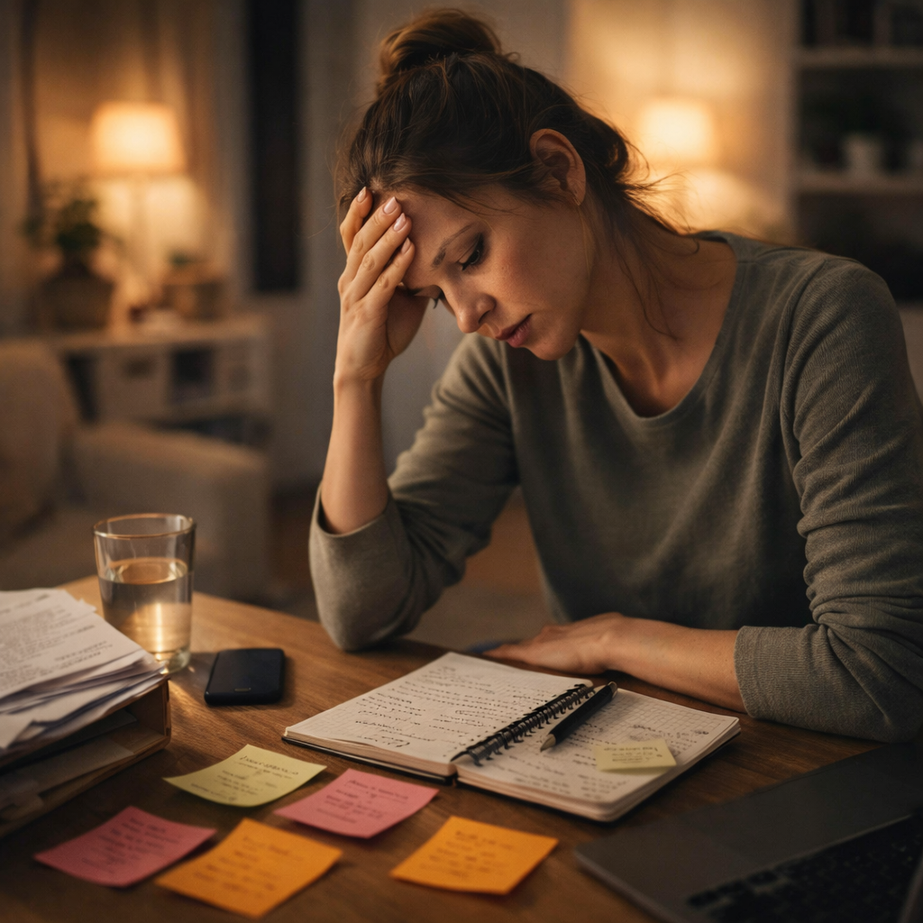 Reprendre après une chute : protocole de relance sur 7 jours (sans motivation, sans culpabilité) Scène réaliste : personne assise à une table avec carnet ouvert, un téléphone retourné (écran vers le bas), plusieurs post-it et une lumière douce. Expression fatiguée mais concentrée. Aucun texte sur l’image.