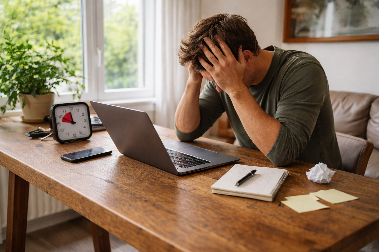 Reprendre après une chute : protocole de relance sur 7 jours (sans motivation, sans culpabilité) Scène réaliste : une personne devant un ordinateur portable, minuteur visible (sans texte lisible), téléphone retourné, posture concentrée, lumière naturelle. Ambiance : “je relance”, pas “je subis”.