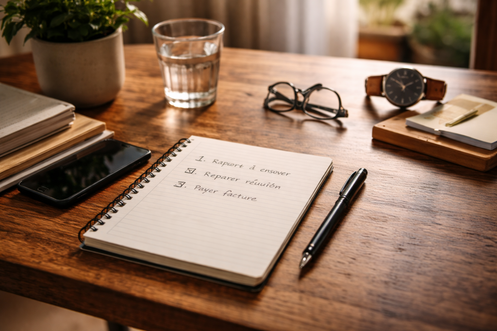 Scène réaliste : bureau simple, carnet avec une liste courte, montre/horloge, téléphone posé écran face cachée, lumière naturelle. Atmosphère calme et déterminée (pas dramatique).