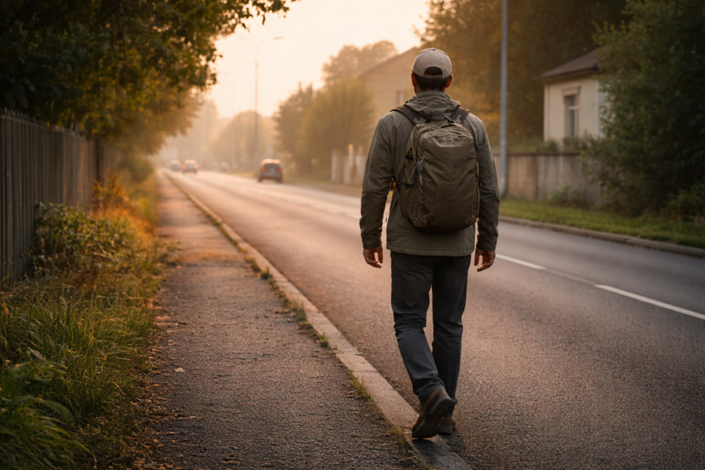 Scène réaliste : une personne en tenue neutre marche en bordure d’une route secondaire au lever du jour, sac sobre, environnement urbain ou périurbain calme, aucun élément dramatique, impression de déplacement organisé.