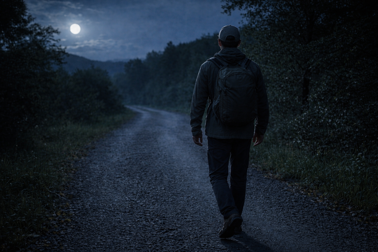 Scène réaliste : un marcheur en tenue neutre avance sur un chemin clair à l’aube ou de nuit avec lune, mains libres, sac sobre, environnement calme, aucun élément dramatique, impression d’entraînement contrôlé.