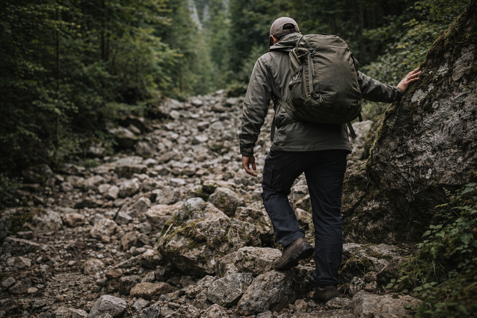 un marcheur en tenue neutre franchit un terrain caillouteux en forêt avec un sac lourd bien ajusté, posture stable, sans élément dramatique, ambiance d’effort contrôlé.
