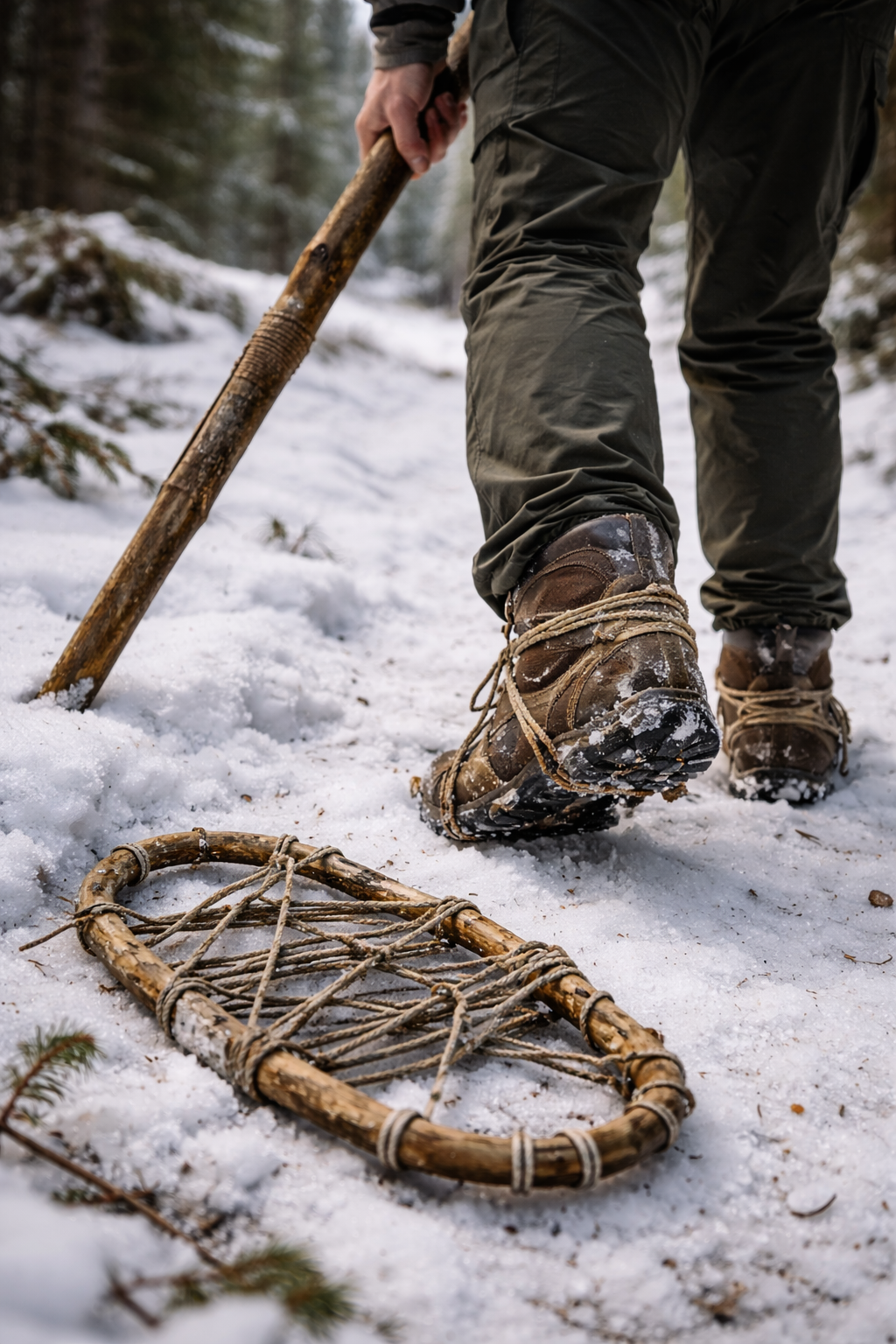 Scène réaliste : marcheur en tenue neutre sur neige ou sol boueux, tenant un bâton en bois taillé, chaussures montrant une fixation simple de traction (cordage), environnement calme, aucun élément dramatique.