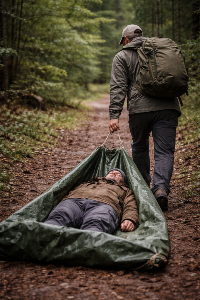 Scène réaliste en extérieur : une personne tire un blessé (habillé) sur une bâche ou une couverture épaisse, terrain plat (chemin forestier), ambiance calme, aucune dramatisation, posture contrôlée.