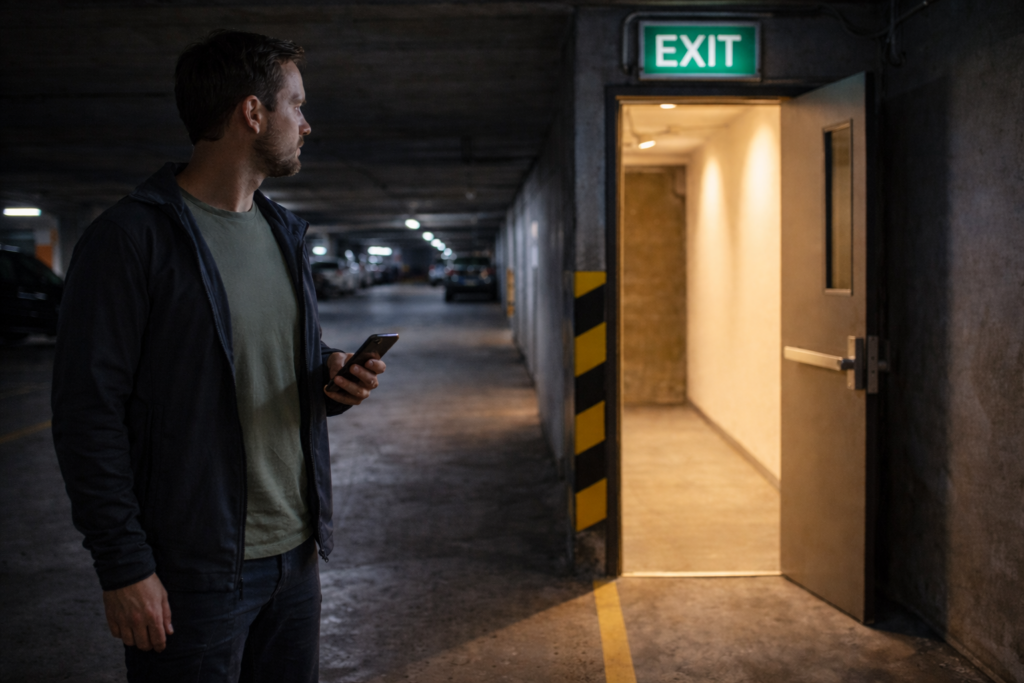 Scène réaliste : un couloir d’immeuble ou parking éclairé, une personne en tenue neutre se tient près d’une porte de sortie, posture stable, téléphone visible en main, ambiance calme, aucune violence, impression de vigilance.