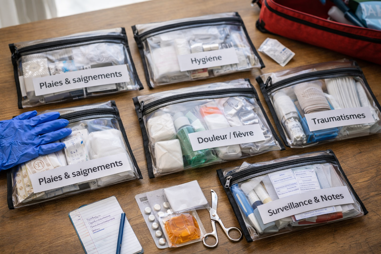 Scène réaliste : une trousse médicale organisée en pochettes (modules) sur une table, gants, compresses, bandes, thermomètre, carnet, le tout rangé proprement, lumière naturelle, ambiance calme et “prêt à l’emploi”.