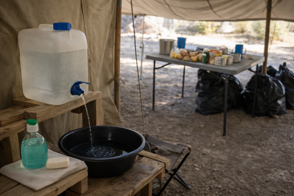 Scène réaliste dans un camp/refuge : une zone “lavage mains” improvisée (jerrican ou bouteille avec bouchon percé), savon, bassine ou récipient de récupération, une table de cuisine simple avec surface propre, sacs déchets fermés à distance. Ambiance calme, aucun élément dramatique.