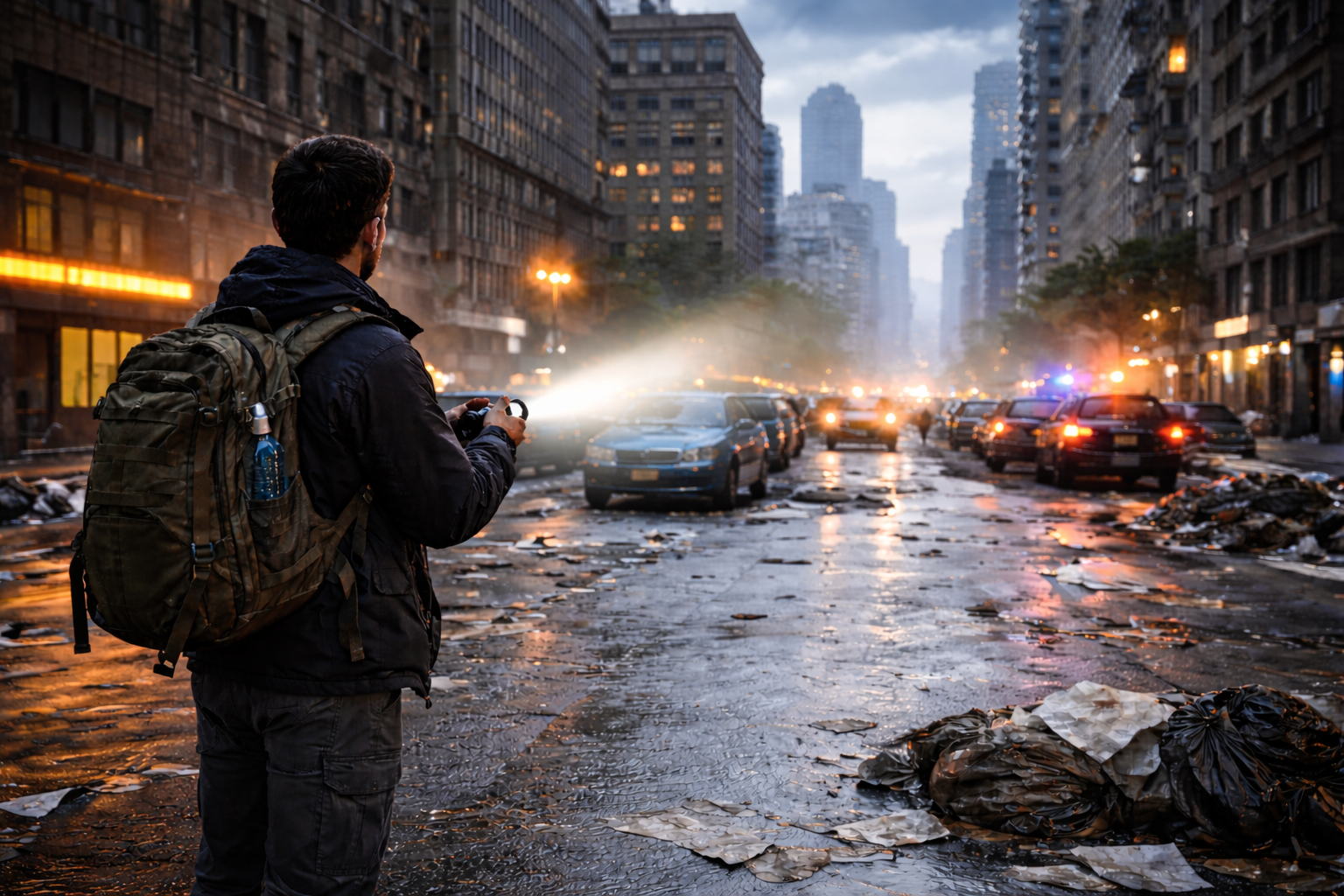 Les erreurs fatales en survie urbaine Vue urbaine nocturne sans éclairage, immeubles plongés dans l’obscurité.