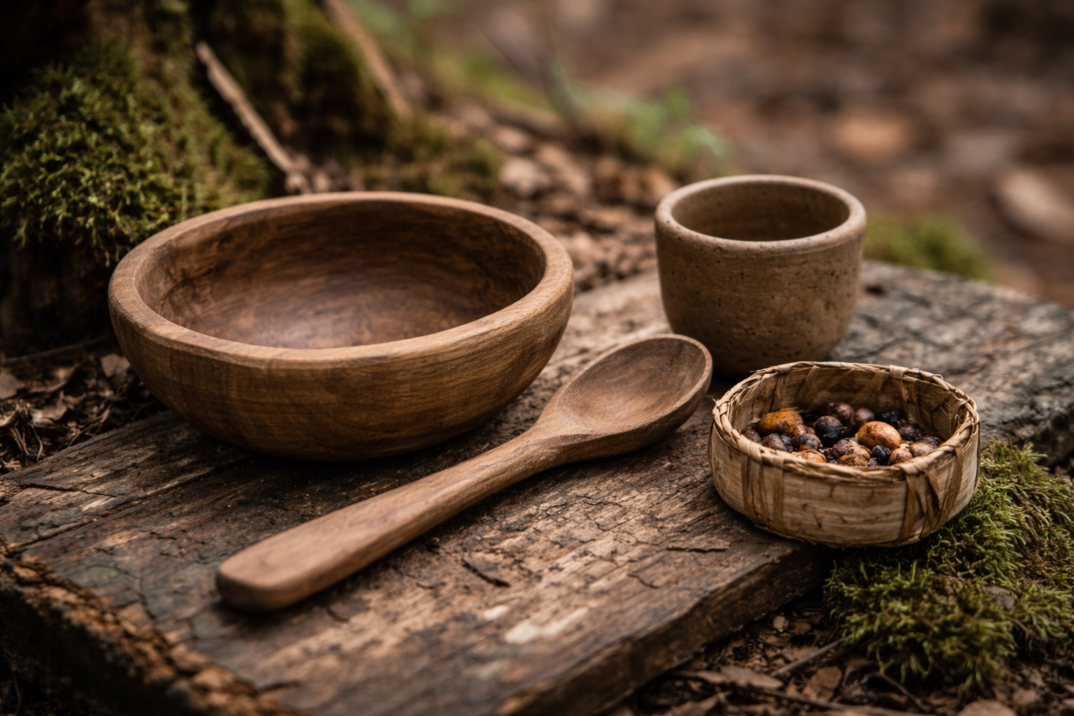 Un petit ensemble de vaisselle de survie (bol en bois, cuillère en bois, petit gobelet en argile), posé sur une table improvisée en forêt, ambiance réaliste, sans objets modernes visibles.