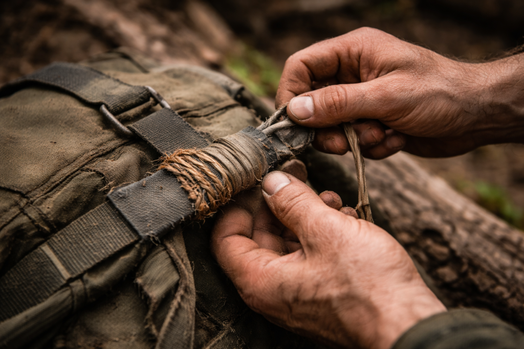 Scène réaliste en extérieur : mains effectuant une réparation sur une sangle de sac avec une bande de tissu et une cordelette, matériel minimal, lumière naturelle, aucun objet moderne visible.