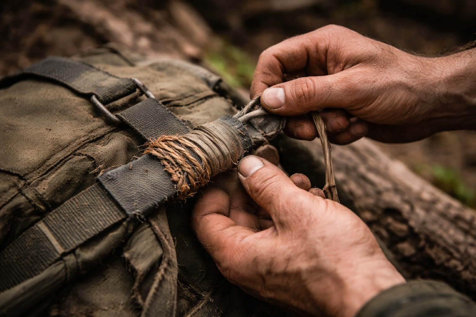 Kit réparation de survie minimal : réparer plutôt que remplacer sur 30 jours Scène réaliste en extérieur : mains effectuant une réparation sur une sangle de sac avec une bande de tissu et une cordelette, matériel minimal, lumière naturelle, aucun objet moderne visible.