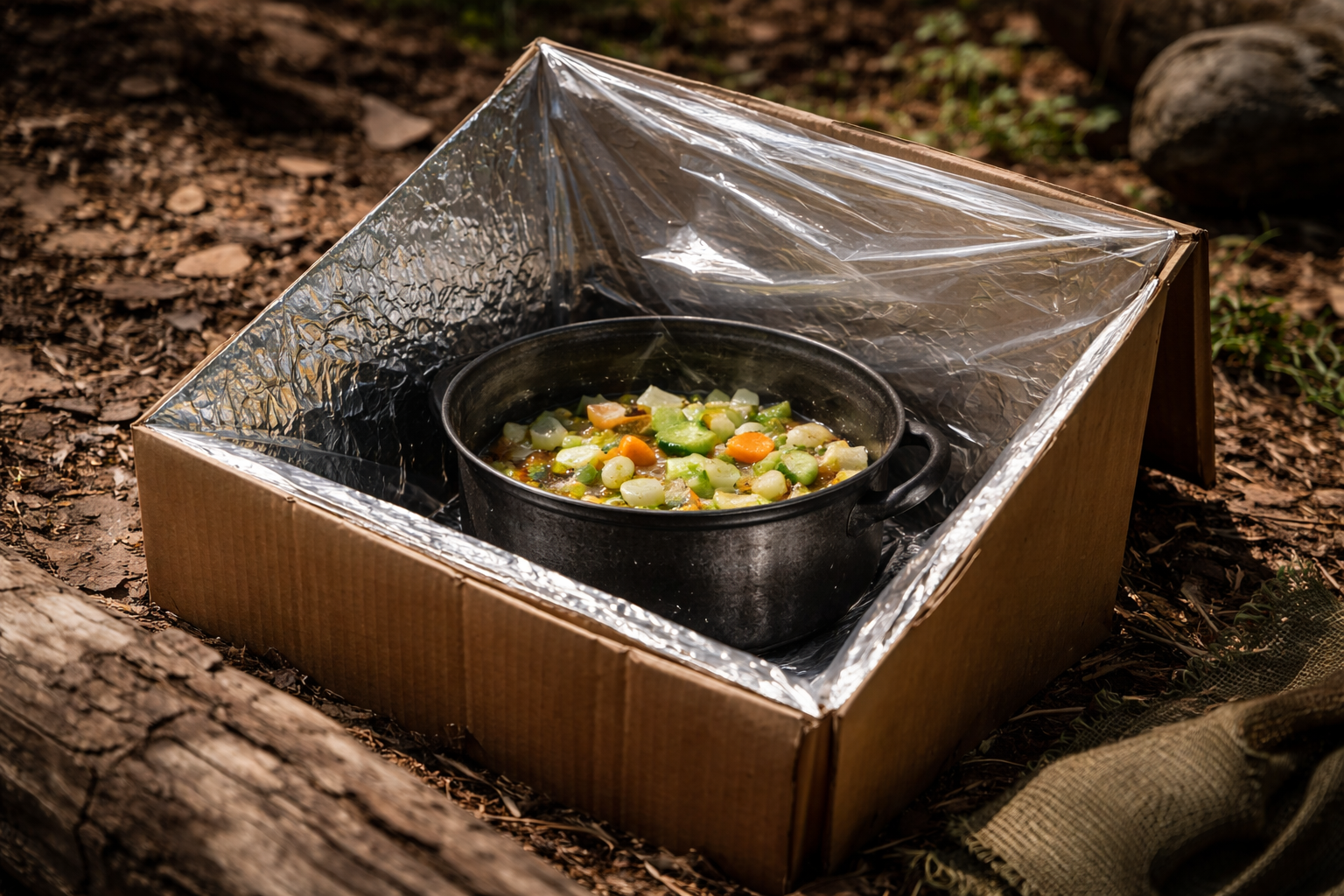 Faire un feu sous la pluie et en milieu humide : préparation et méthode fiable Scène réaliste en extérieur : un dispositif de cuisson solaire improvisé (récipient sombre dans une boîte isolée avec réflecteur), aliments en préparation, aucun feu visible, ambiance discrète.