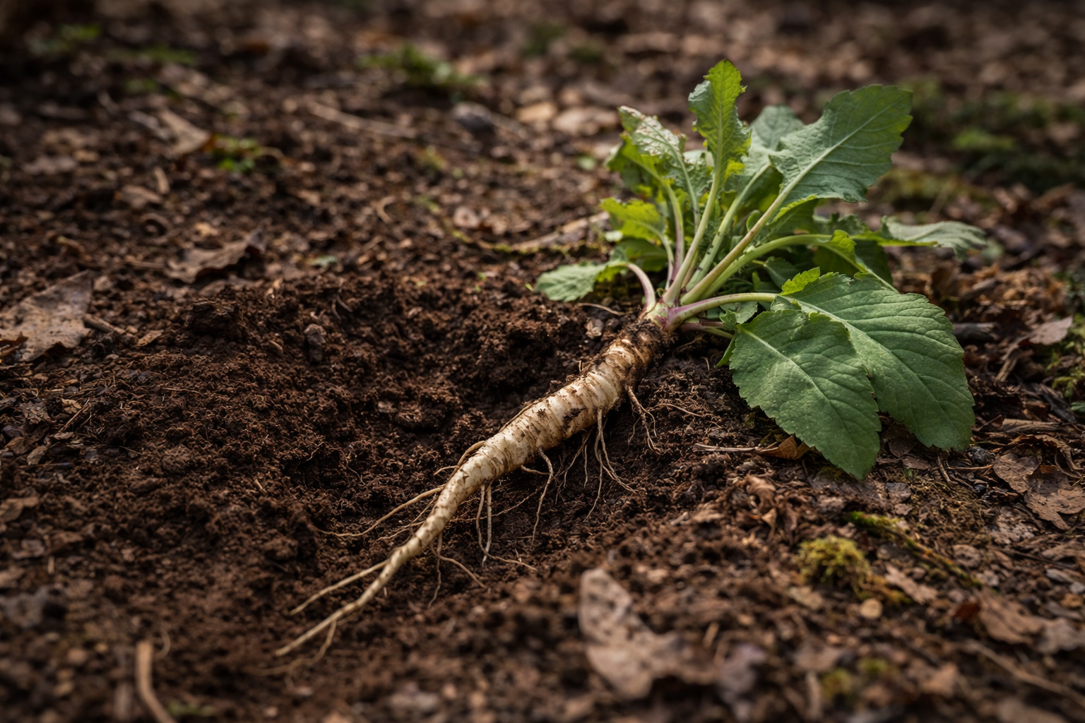 Les plantes sauvages nutritives les plus abondantes en Europe Scène réaliste en extérieur : racine sauvage partiellement extraite du sol, plante entière visible, sol naturel, lumière douce, aucun élément moderne.