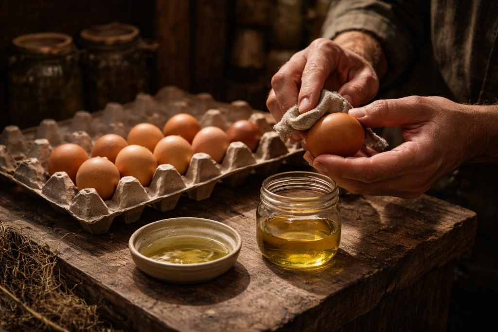 Scène réaliste en cave ou cellier : œufs non lavés rangés en carton, un œuf en train d’être huilé avec un chiffon, lumière douce, ambiance stockage long terme, aucun élément moderne visible.