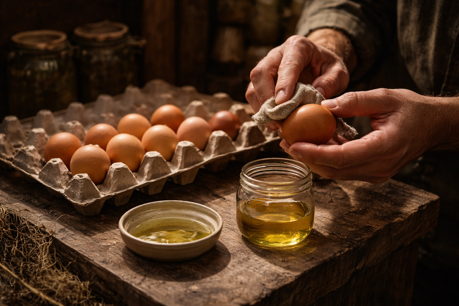Conserver fromages et produits laitiers sans frigo : ce qui fonctionne vraiment Scène réaliste en cave ou cellier : œufs non lavés rangés en carton, un œuf en train d’être huilé avec un chiffon, lumière douce, ambiance stockage long terme, aucun élément moderne visible.