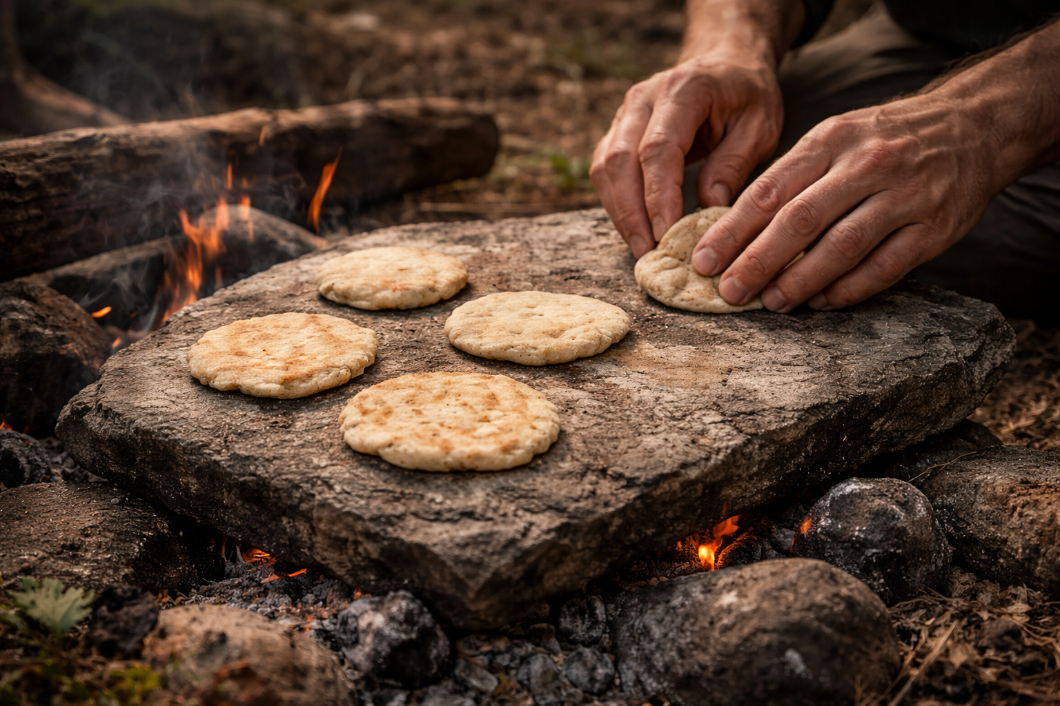 Scène réaliste en extérieur : préparation de galettes rustiques à la main sur une pierre plate chauffée, aucun ustensile visible, ambiance primitive et discrète.
