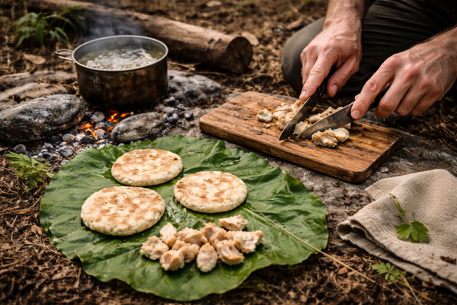 Les plantes sauvages nutritives les plus abondantes en Europe Scène réaliste en extérieur : préparation alimentaire simple sur une surface propre (feuille ou tissu), petite quantité, eau traitée à proximité, ambiance discrète, aucun élément moderne visible.