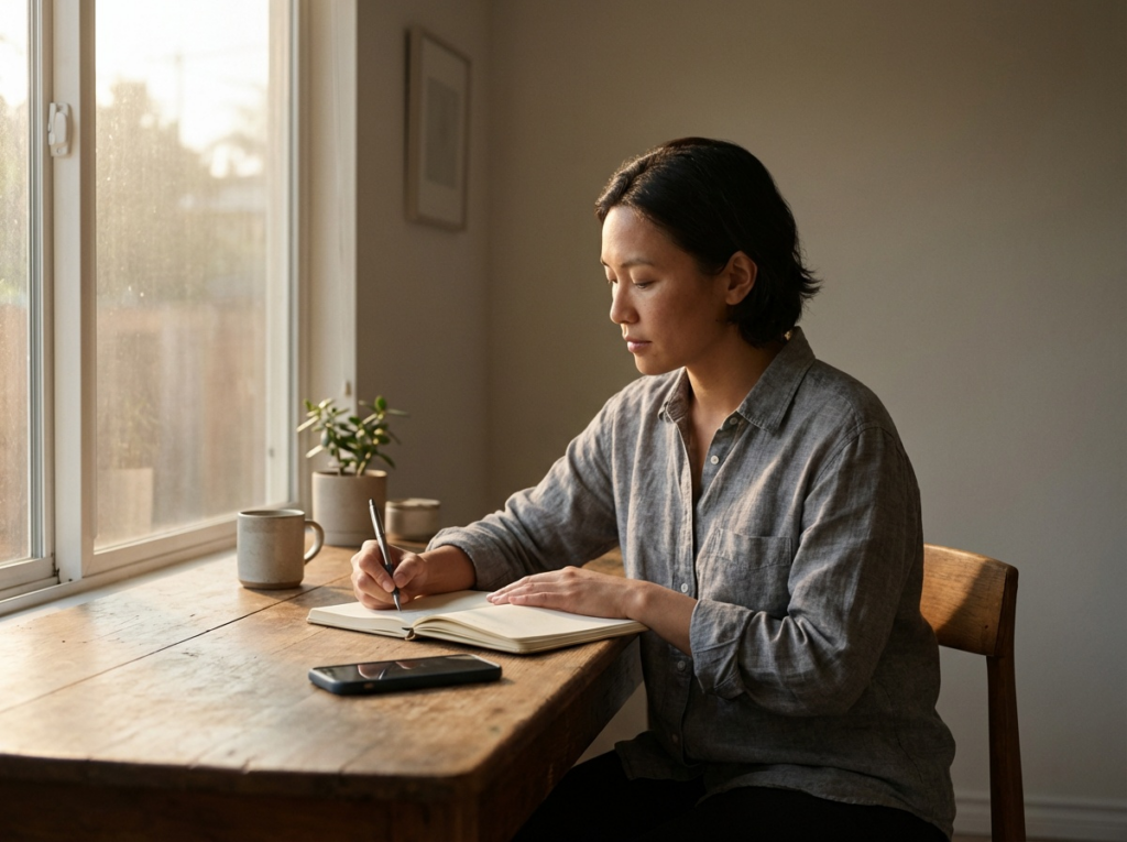 Scène réaliste : une personne au petit matin, assise avec un carnet, lumière naturelle, téléphone posé écran face cachée, posture calme (pas dramatique), ambiance “je reprends le contrôle”.