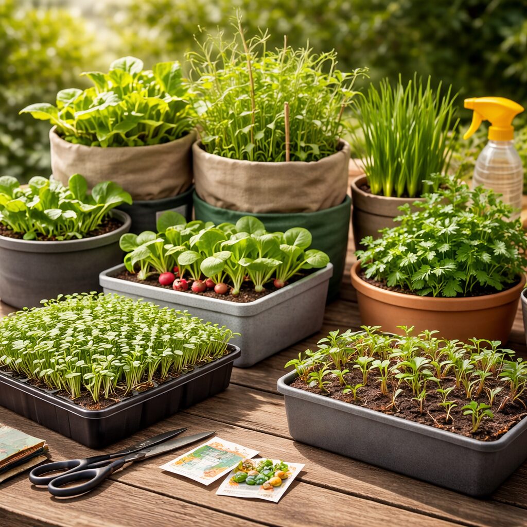 Produire de la nourriture rapidement en situation de crise : cultures et méthodes réalistes Bacs de culture, microgreens et légumes rapides dans un petit espace de production alimentaire de crise.