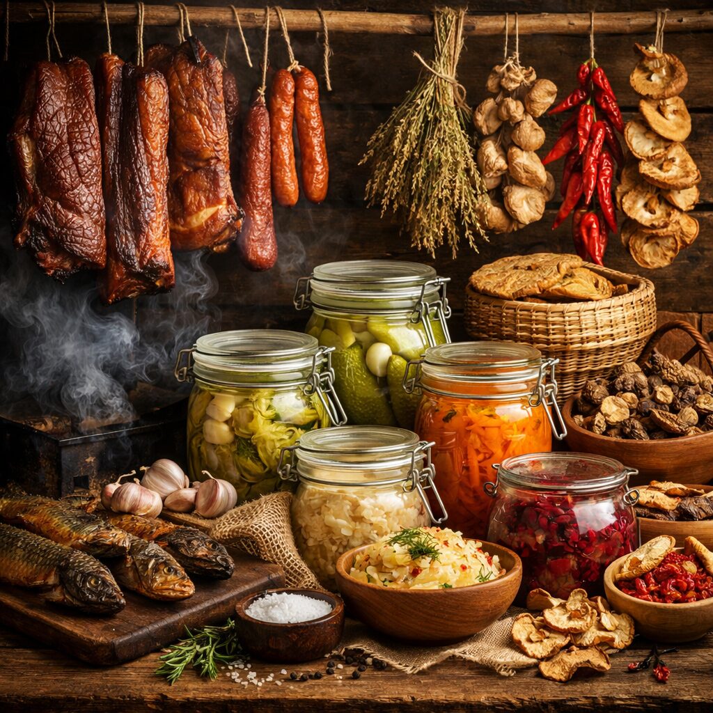 Bocaux, aliments séchés, produits fumés et légumes fermentés illustrant les méthodes anciennes de conservation sans congélateur.