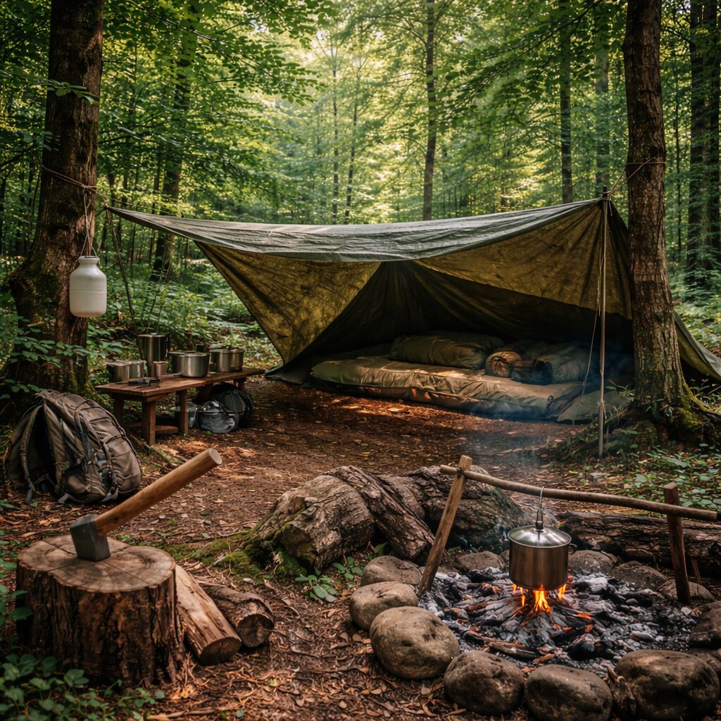 Camp forestier sobre et discret sous les arbres, avec abri compact, zone de couchage protégée et matériel rangé.