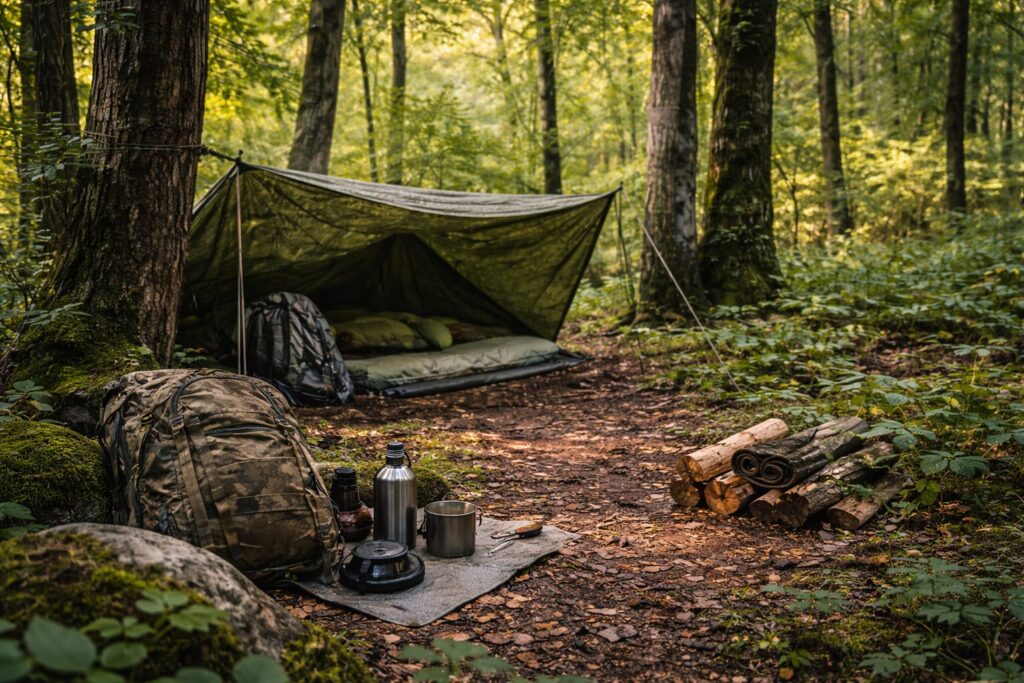 Installer un campement sécurisé sans attirer l’attention Campement forestier compact et sobre, avec abri discret, matériel rangé et zone de couchage protégée sur terrain sec.
