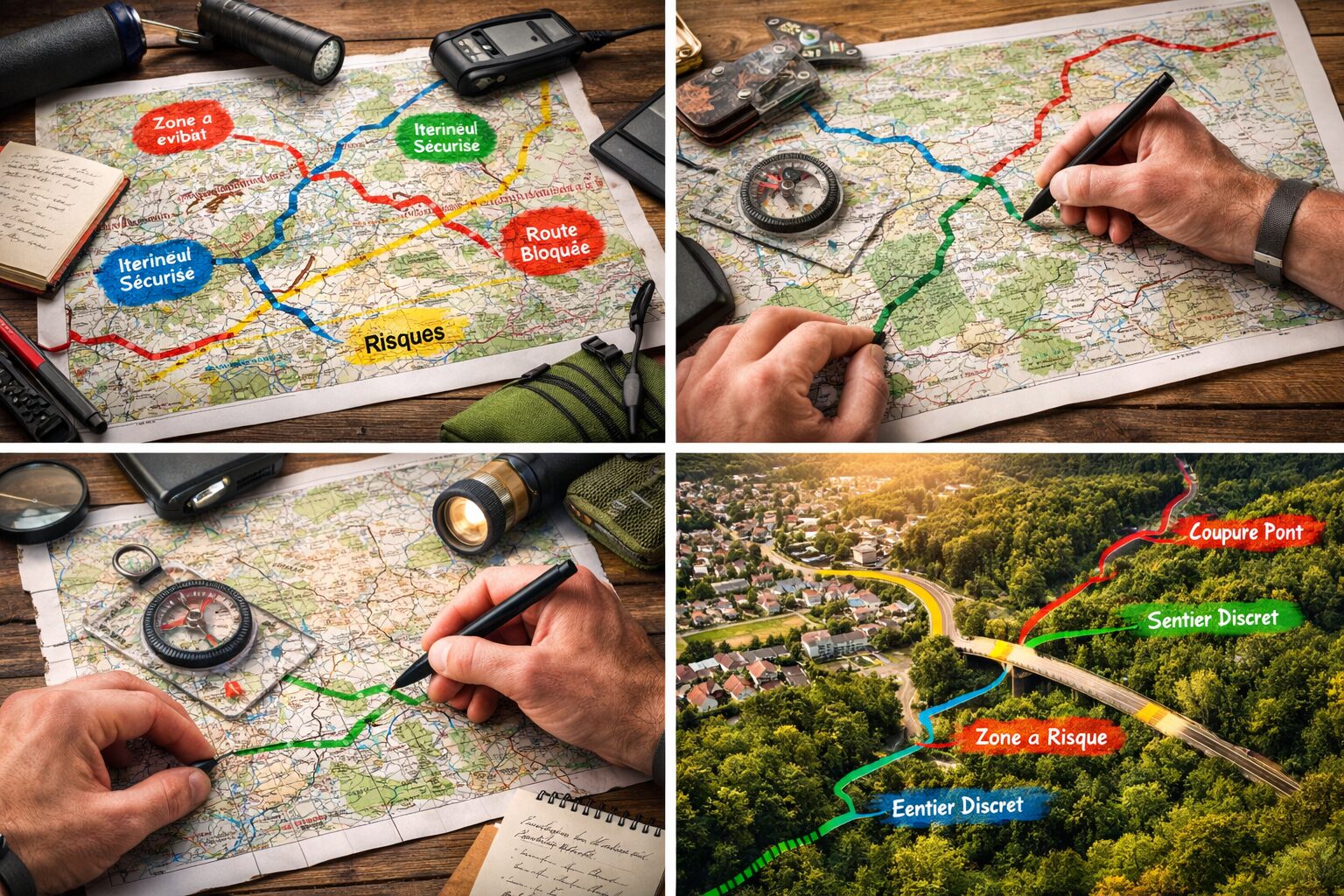 Quitter une ville à pied : planification réaliste d’un itinéraire d’évacuation Carte annotée d’une zone urbaine et périurbaine avec risques, axes, points de blocage et itinéraires alternatifs de survie.