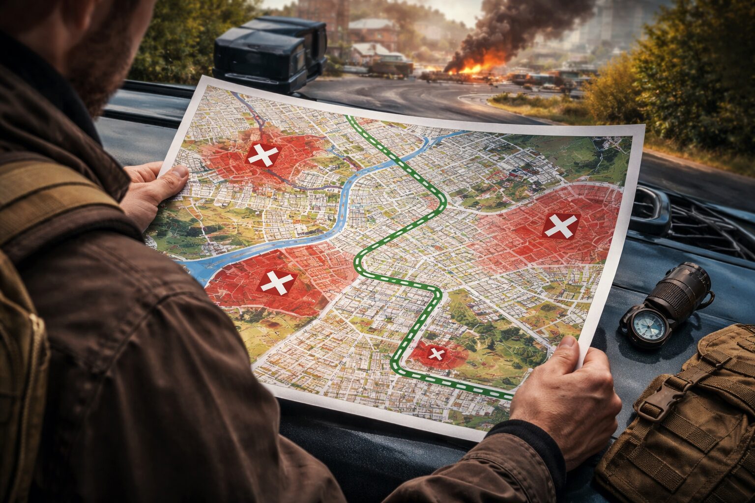 Se déplacer avec enfants en situation d’évacuation Carte d’évacuation annotée montrant zones à éviter, points bas inondables, ponts, axes saturés et itinéraire secondaire plus sûr.