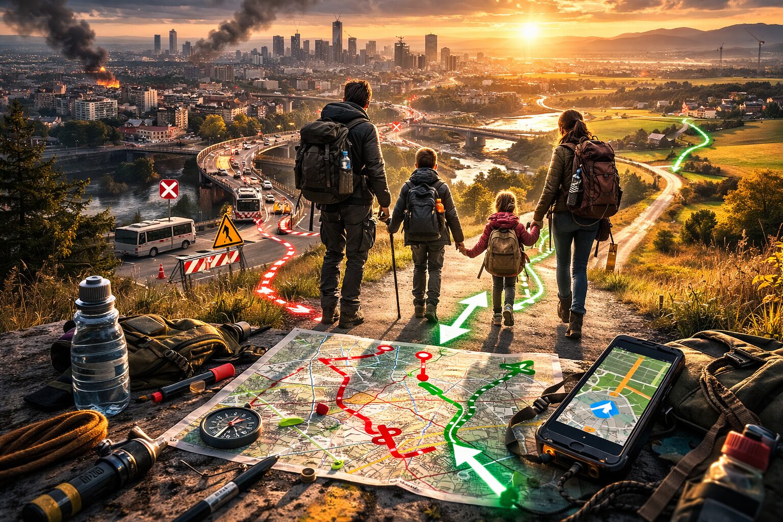 Se déplacer avec enfants en situation d’évacuation Carte urbaine annotée avec itinéraires piétons d’évacuation, points de blocage et route secondaire pour quitter une ville en crise.