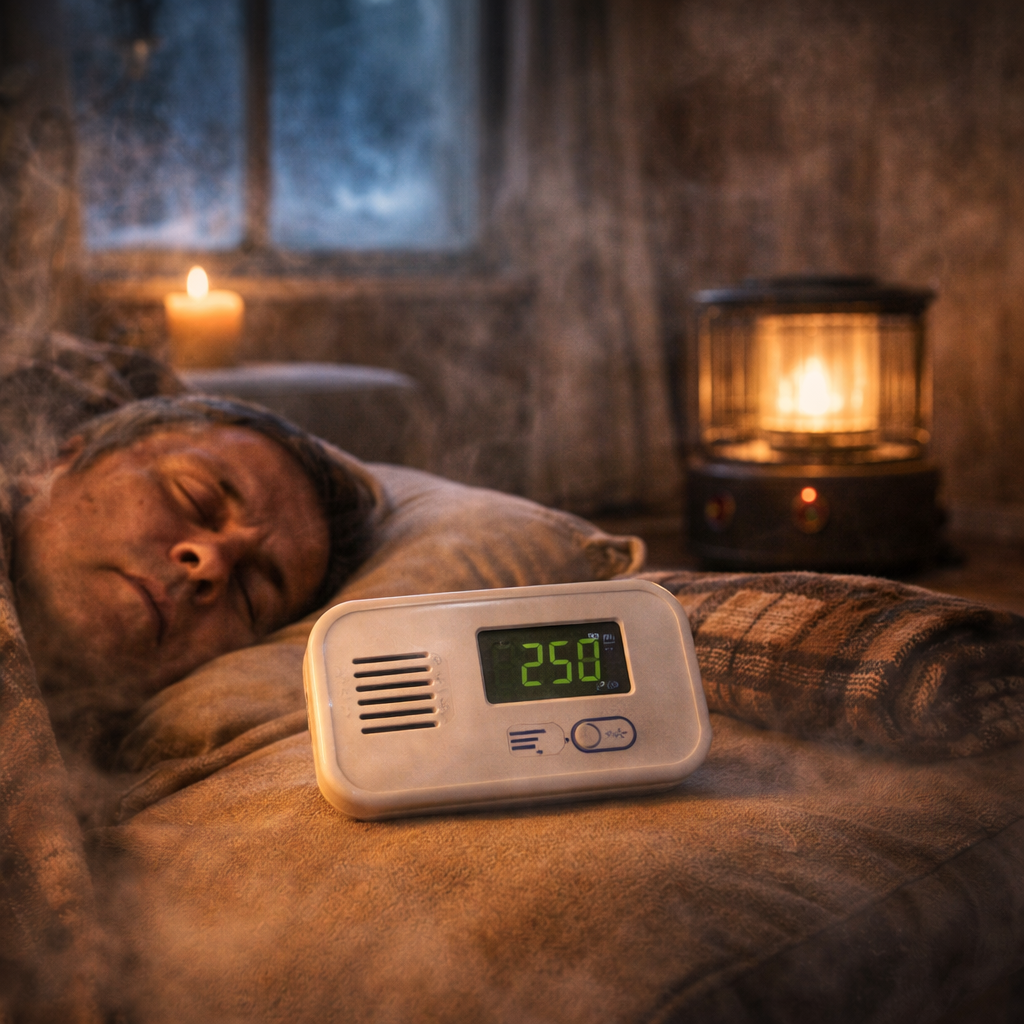 Monoxyde de carbone et chauffage d’appoint : prévenir l’erreur mortelle salon en hiver, pièce-refuge sobre, lanterne LED sur table, thermos et couverture, fenêtre entrouverte (aération courte), chauffage d’appoint visible mais éteint au second plan, ambiance réaliste, sans texte.