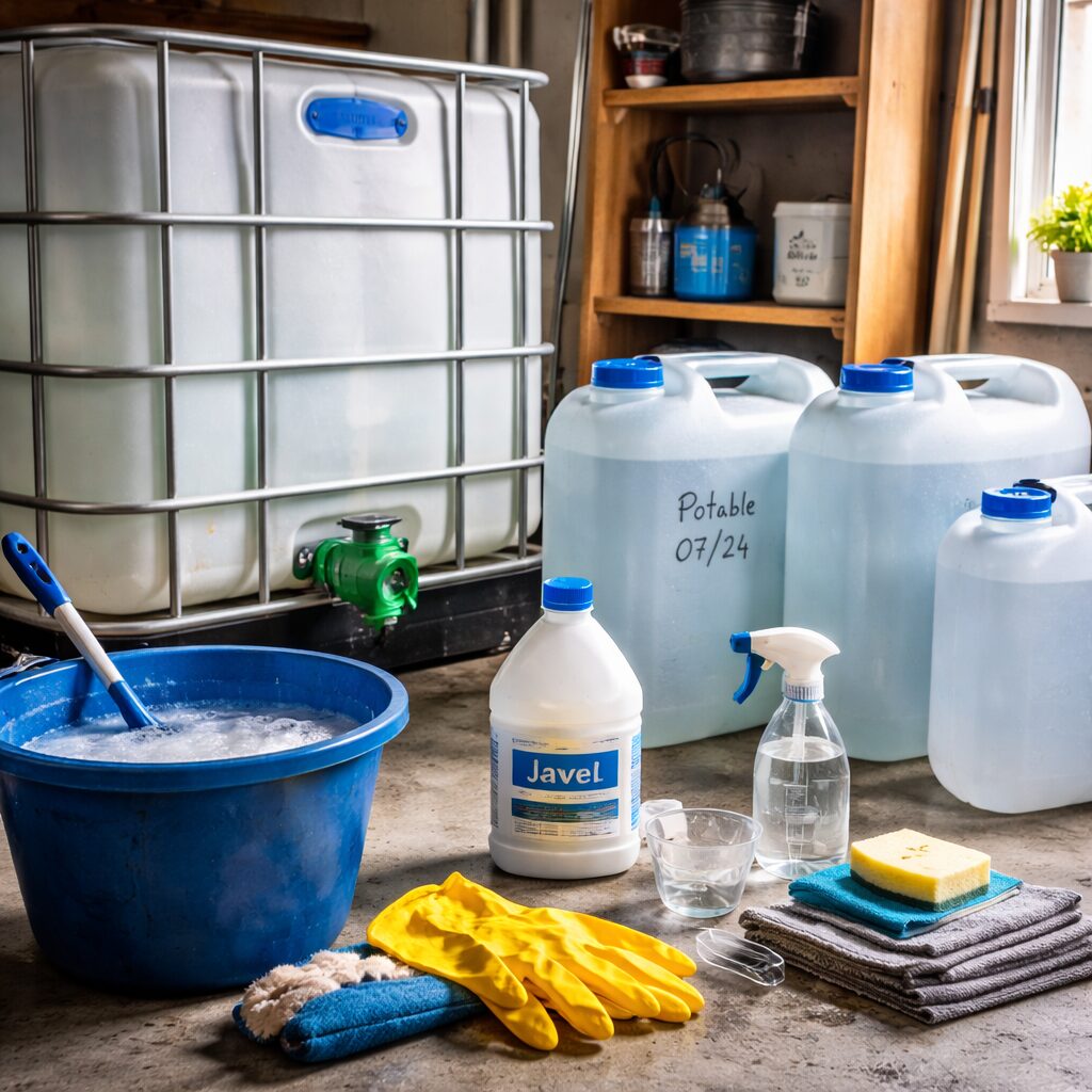 cellier ou garage propre, cuve/jerricans alimentaires opaques étiquetés, brosse dédiée, gants, un petit kit “eau propre”, ambiance réaliste, sans texte.