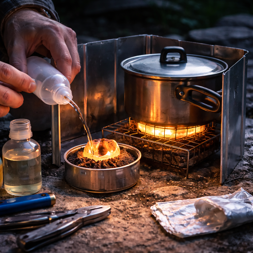 scène réaliste en extérieur (sol minéral), un petit réchaud à alcool DIY dans une boîte métallique basse, pare-vent aluminium, casserole avec couvercle, ambiance sobre “prépa”, sans texte, rendu photo.