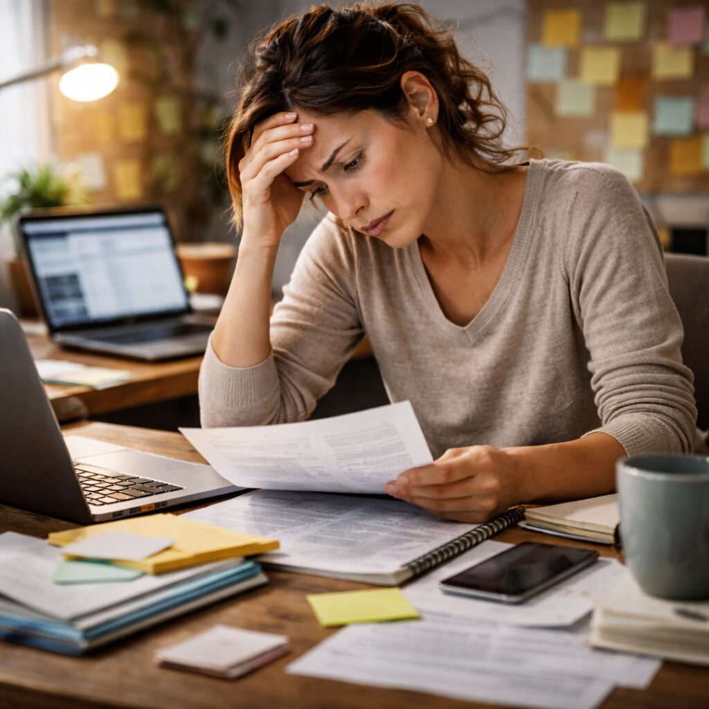 Scène réaliste : personne devant un ordinateur avec plusieurs onglets ouverts, post-its, carnet, expression de surcharge mais posture active (pas effondrée). Lumière naturelle. Ambiance “trop d’infos, je dois choisir”.