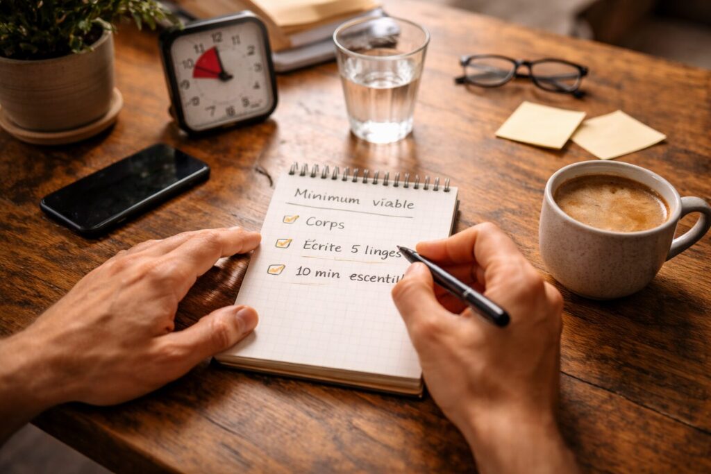 Scène réaliste, lumière naturelle : une personne avec un carnet ouvert, une petite checklist “3 socles”, téléphone face cachée, ambiance calme et déterminée (pas dramatique), intérieur simple.