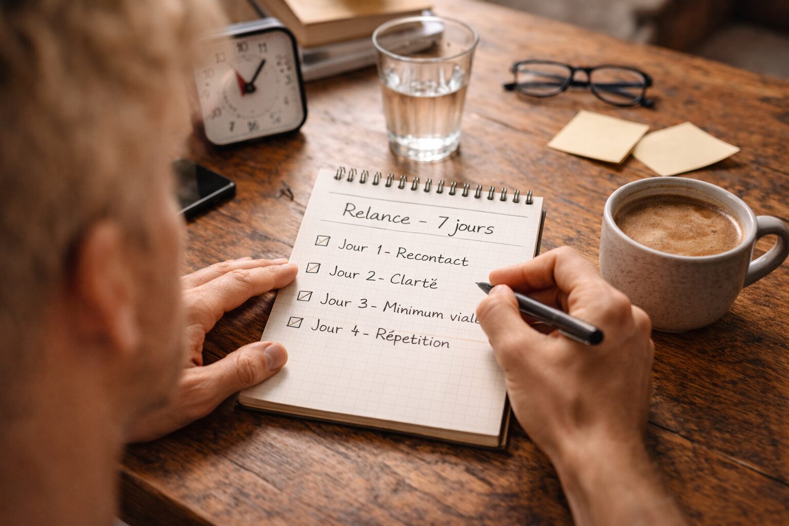 Scène réaliste, lumière naturelle : une personne assise à table avec un carnet ouvert, une petite checklist “Jour 1 / Jour 2 / Jour 3…”, téléphone face cachée, ambiance calme et déterminée (pas dramatique).