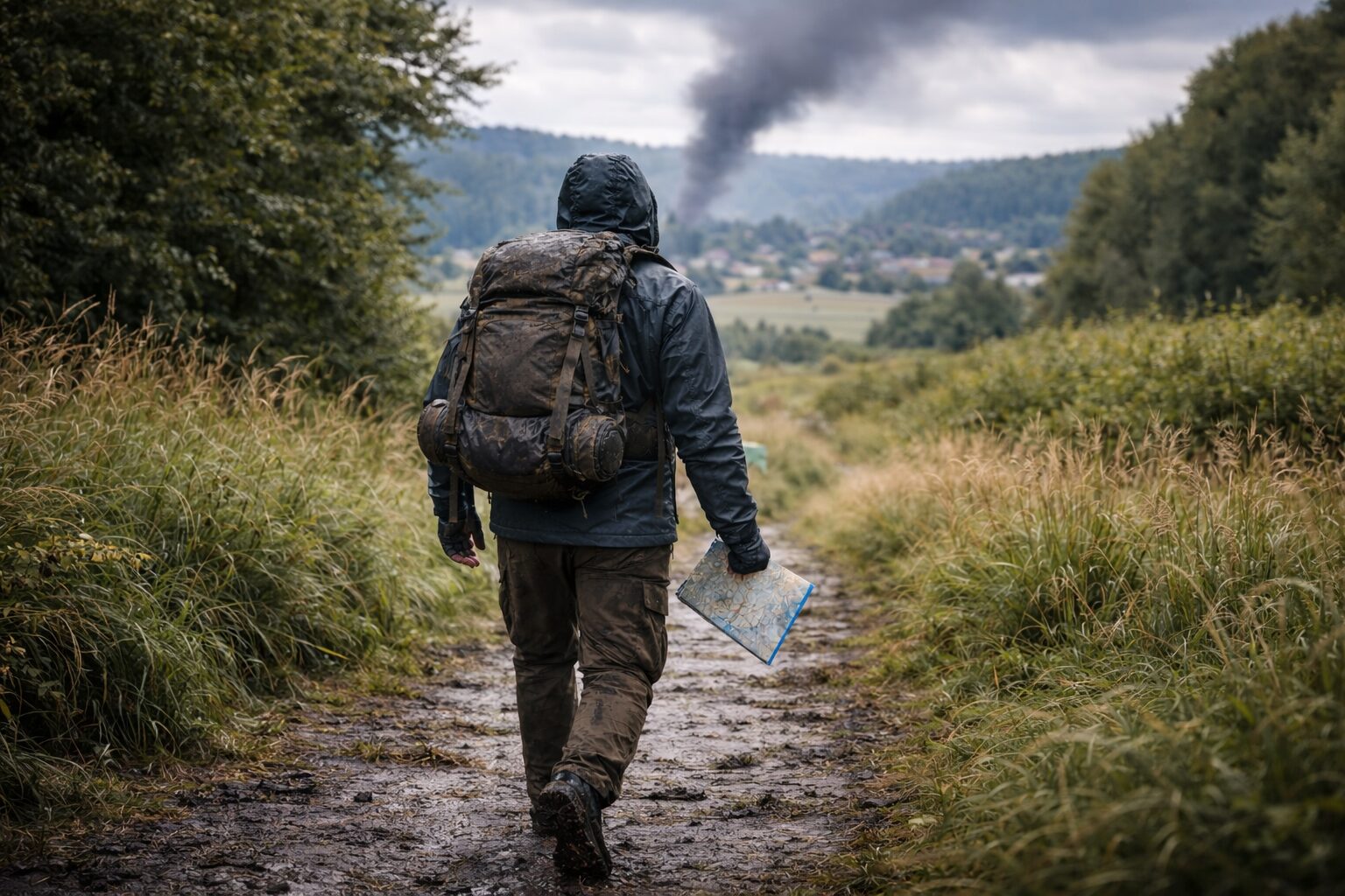 personne avançant à pied sur un itinéraire secondaire crédible, carte en main ou visible, environnement périurbain ou rural, intersections lisibles, ambiance réaliste sans texte.