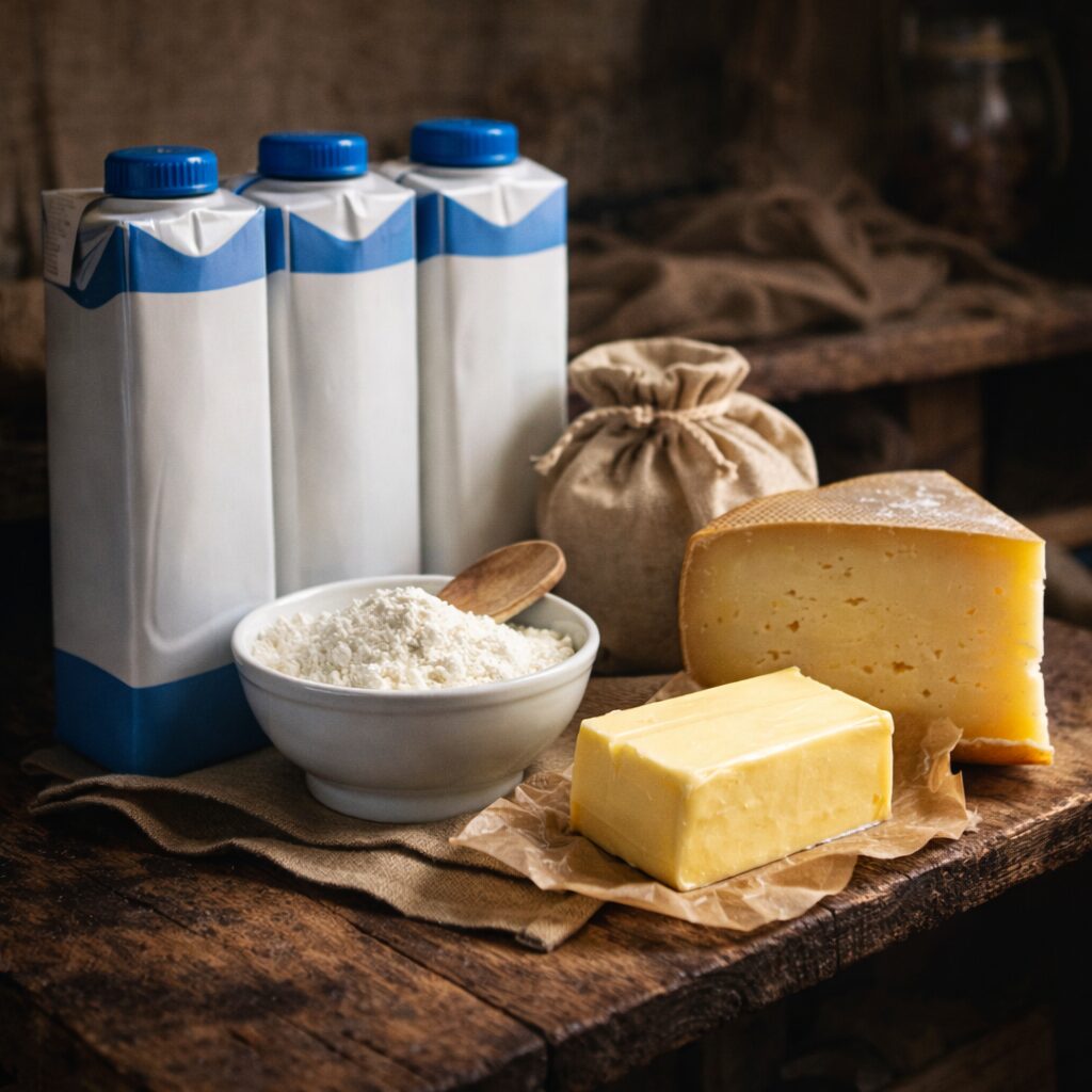 scène réaliste de réserve alimentaire sobre : briques de lait UHT, lait en poudre, morceau de fromage à pâte dure entier, motte de beurre emballée, environnement propre et simple, sans texte.