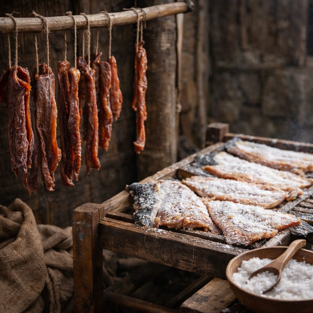 Conserver fromages et produits laitiers sans frigo : ce qui fonctionne vraiment scène réaliste de préparation en autonomie : bandes de viande fines prêtes pour séchage, gros sel à côté, support de séchage simple, environnement propre et sobre, sans texte.