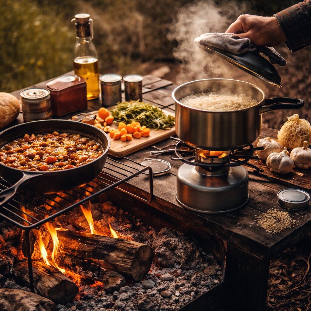 Cuisine de crise organisée avec réchaud extérieur, casseroles simples, aliments longue conservation et repas adaptés à une longue coupure d’électricité.