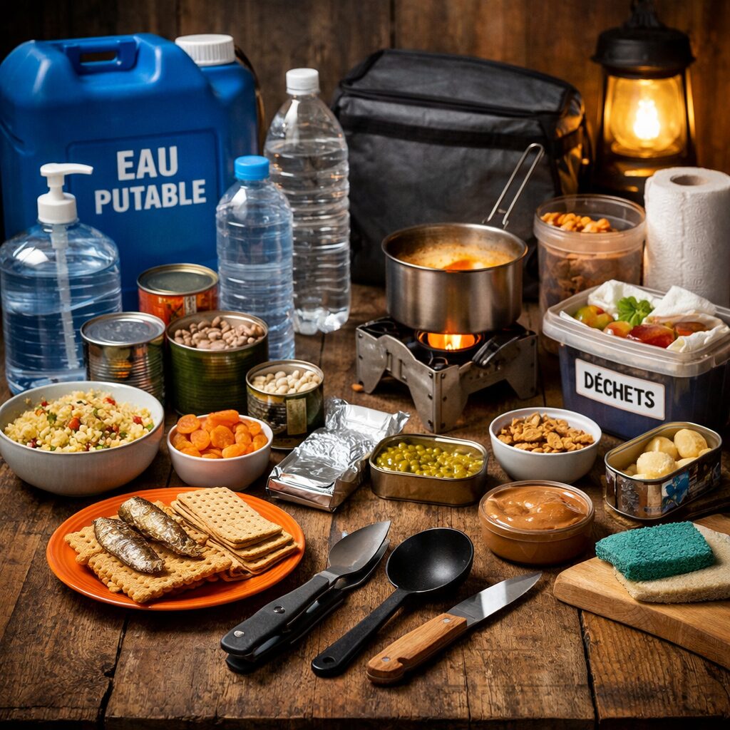 Cuisine domestique organisée pour une crise avec aliments non périssables, eau séparée par usage et matériel minimal.